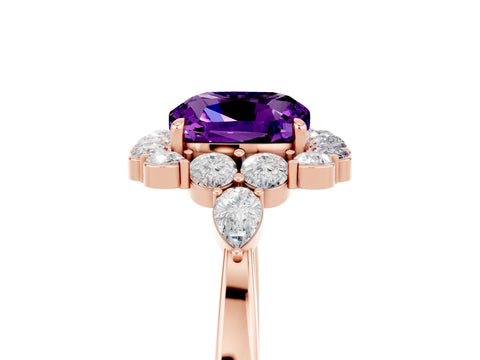 Rose gold Cushion Cut Amethyst Halo Ring with Pear Side Stones and Prong Setting_17
