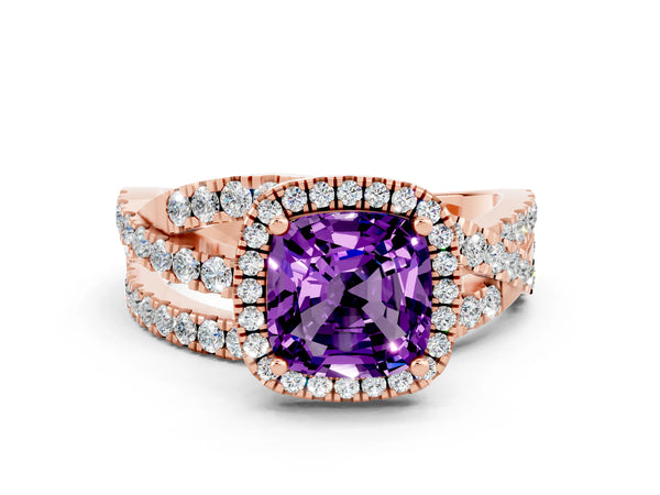Rose gold Cushion Cut Amethyst Halo Ring with Round Split Shank and Prong Setting