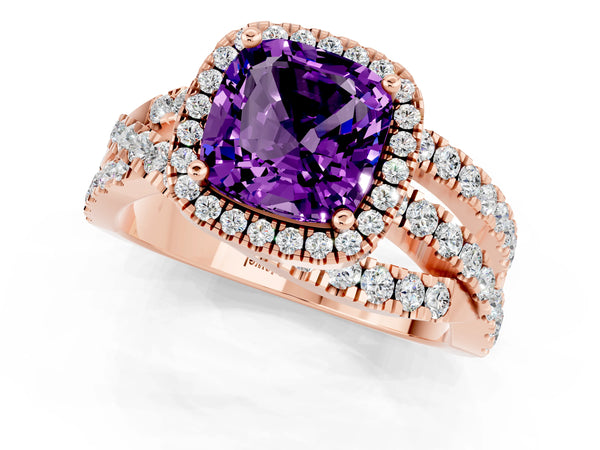 Rose gold Cushion Cut Amethyst Halo Ring with Round Split Shank and Prong Setting