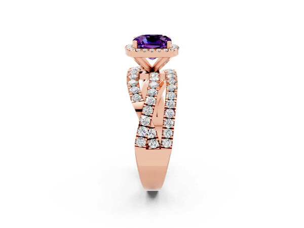 Rose gold Cushion Cut Amethyst Halo Ring with Round Split Shank and Prong Setting
