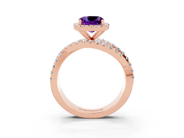 Rose gold Cushion Cut Amethyst Halo Ring with Round Split Shank and Prong Setting