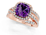 Rose gold Cushion Cut Amethyst Halo Ring with Round Split Shank and Prong Setting_49