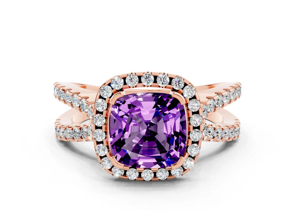 Rose gold Cushion Cut Amethyst Halo Ring with Split Shank Pavé Band and Prong Setting