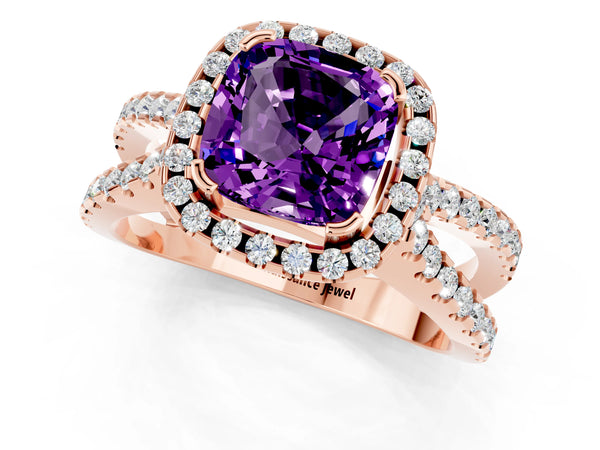 Rose gold Cushion Cut Amethyst Halo Ring with Split Shank Pavé Band and Prong Setting