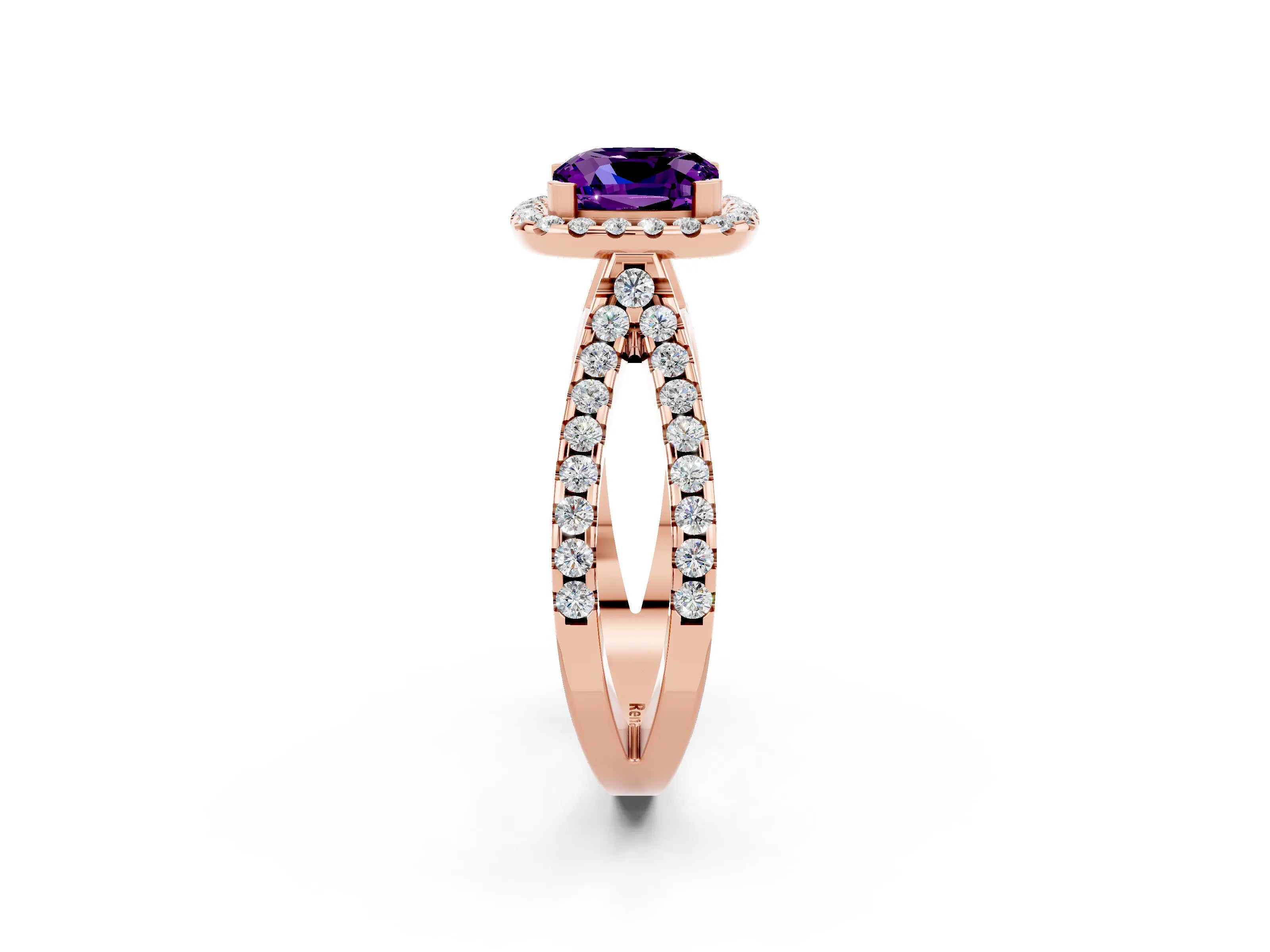 Rose gold Cushion Cut Amethyst Halo Ring with Split Shank Pavé Band and Prong Setting_2