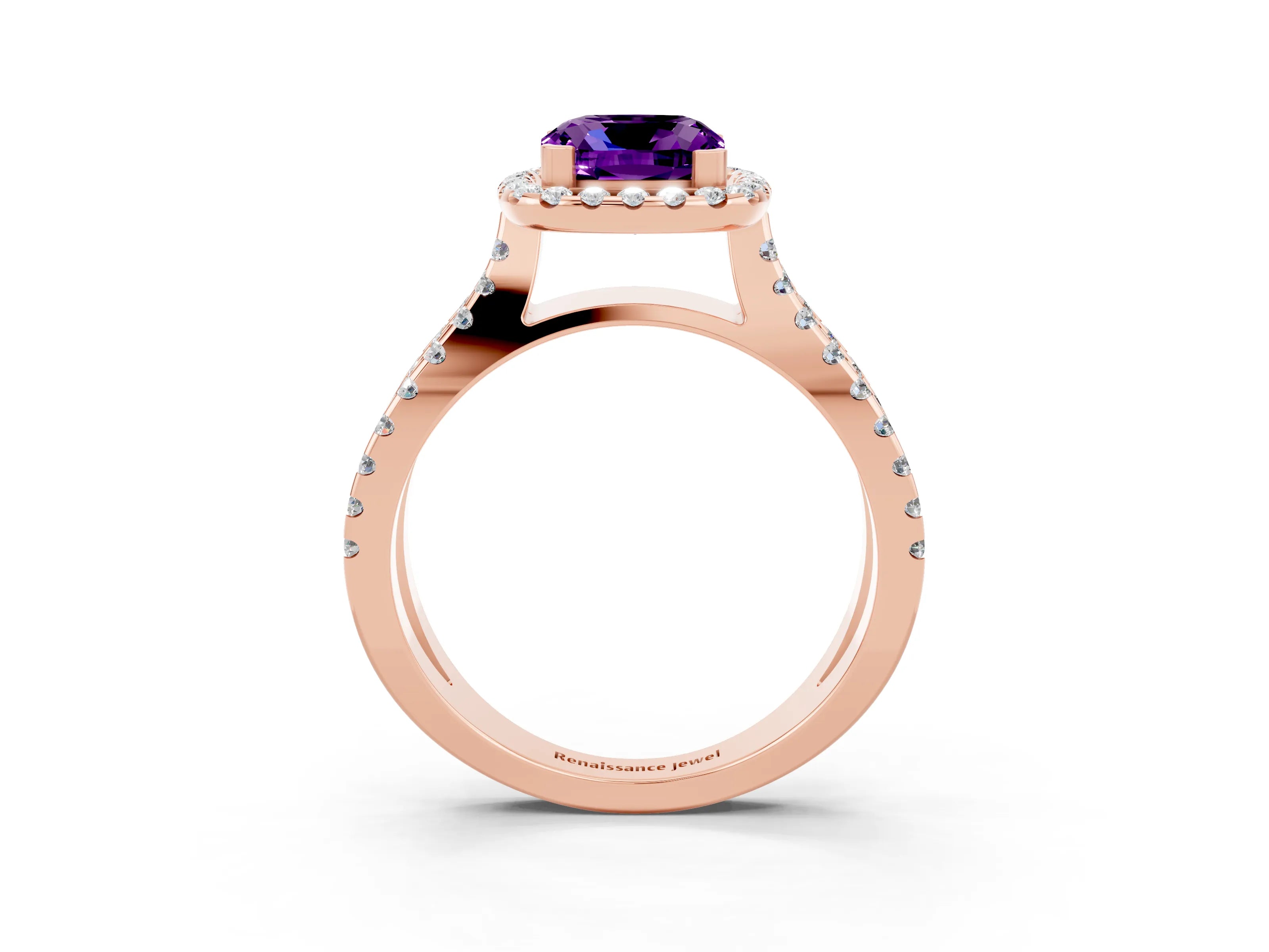 Rose gold Cushion Cut Amethyst Halo Ring with Split Shank Pavé Band and Prong Setting_3