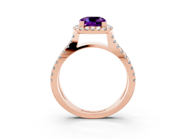 Rose gold Cushion Cut Amethyst Halo Ring with Split Shank Pavé Band and Prong Setting