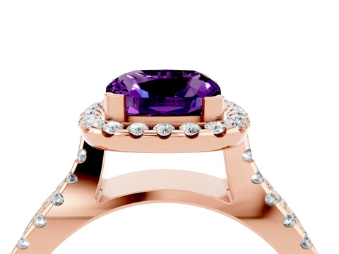 Rose gold Cushion Cut Amethyst Halo Ring with Split Shank Pavé Band and Prong Setting_4