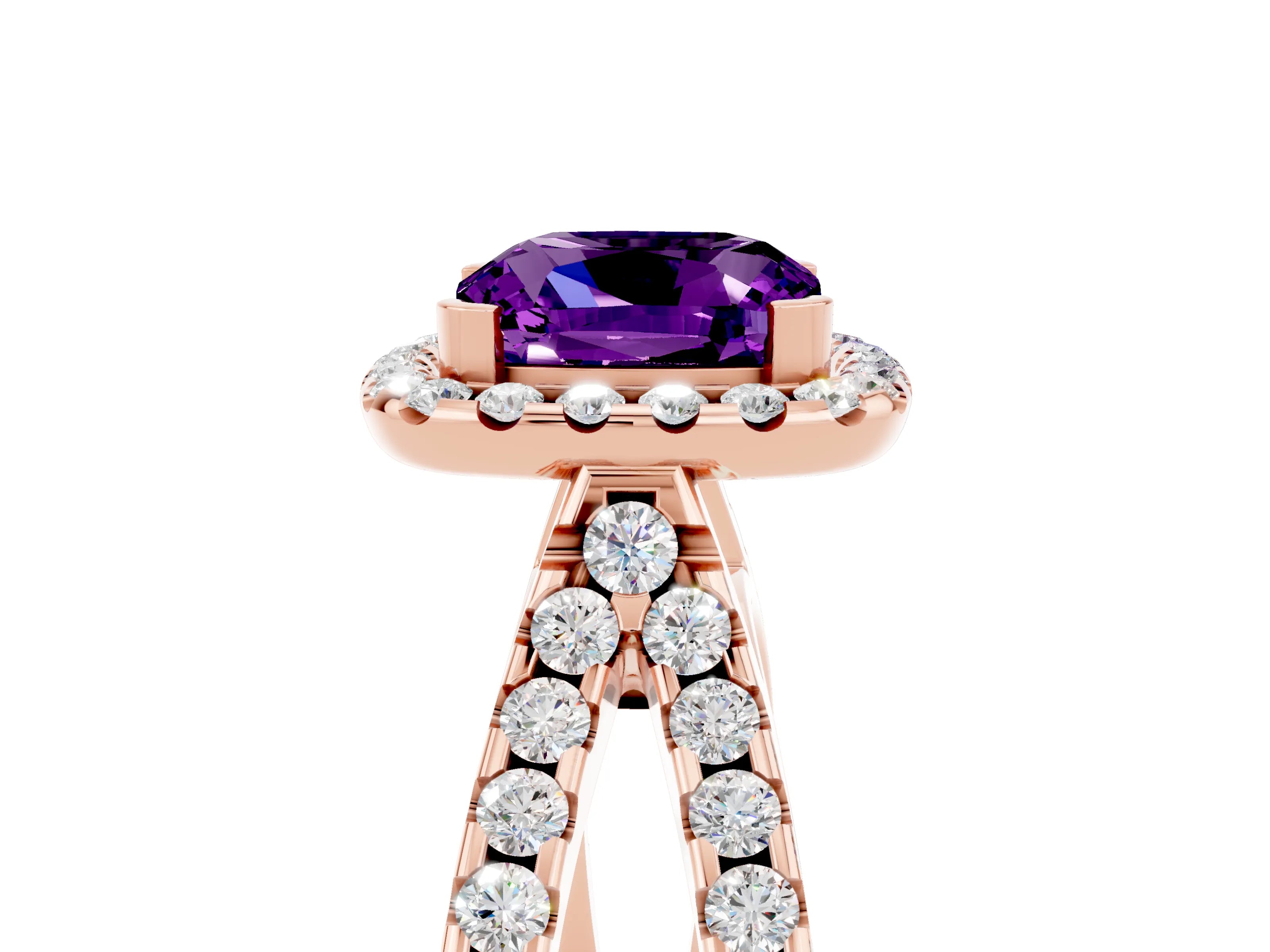 Rose gold Cushion Cut Amethyst Halo Ring with Split Shank Pavé Band and Prong Setting_5