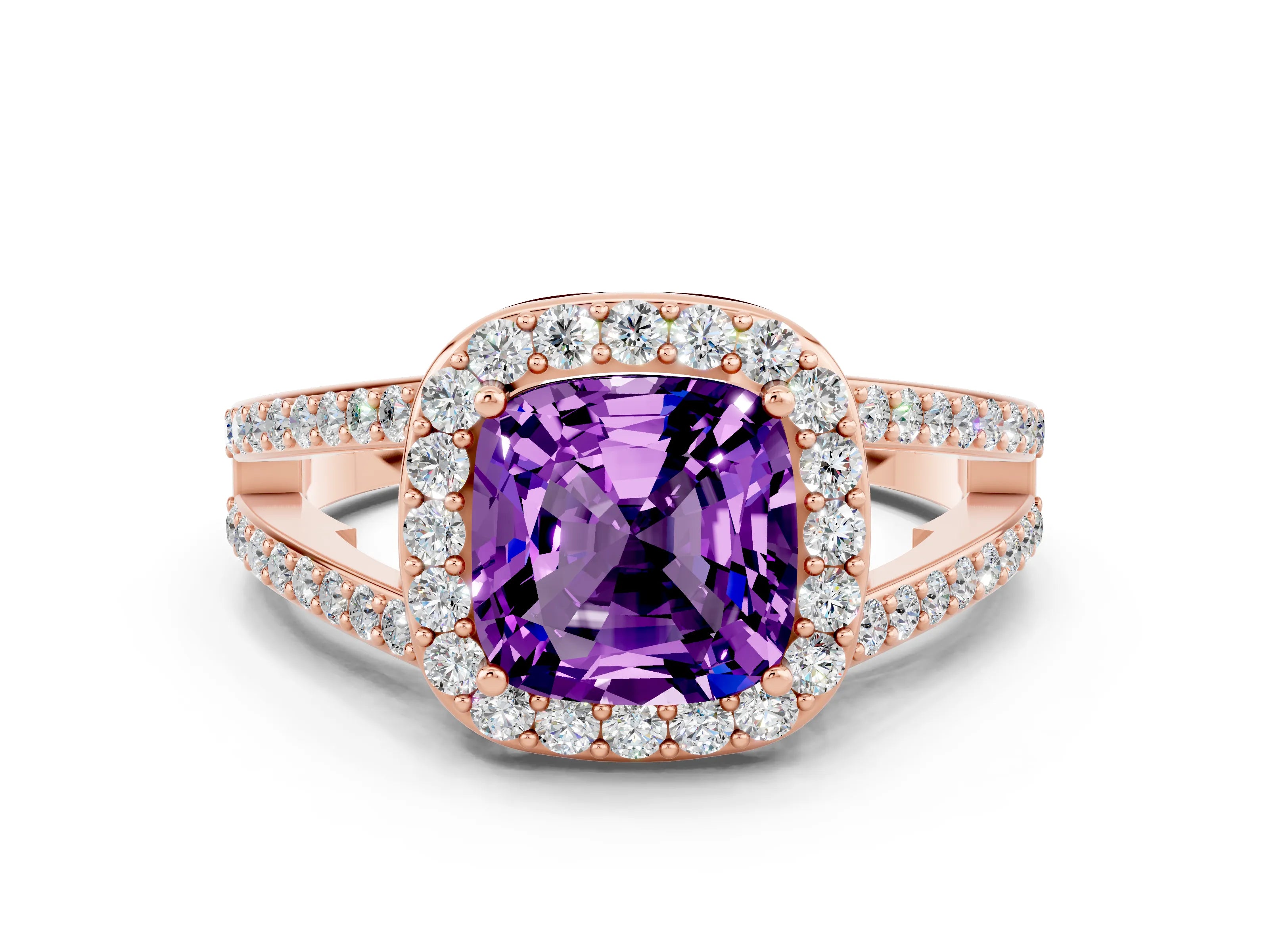 Rose gold Cushion Cut Amethyst Halo Ring with Split Shank U-Prong Band and Four-Prong Setting