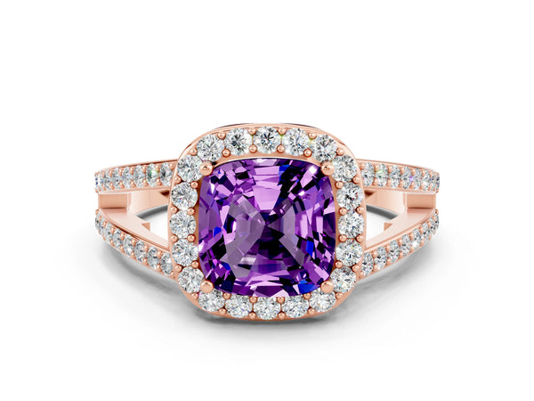 Rose gold Cushion Cut Amethyst Halo Ring with Split Shank U-Prong Band and Four-Prong Setting