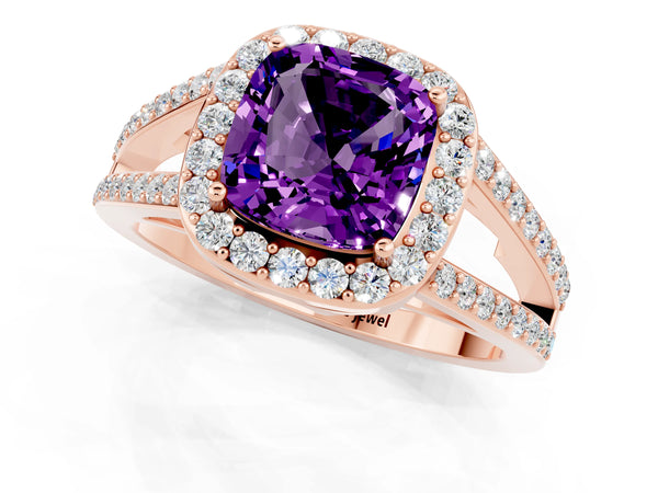 Rose gold Cushion Cut Amethyst Halo Ring with Split Shank U-Prong Band and Four-Prong Setting