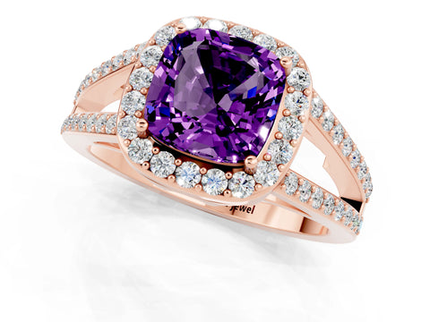 Rose gold Cushion Cut Amethyst Halo Ring with Split Shank U-Prong Band and Four-Prong Setting_1