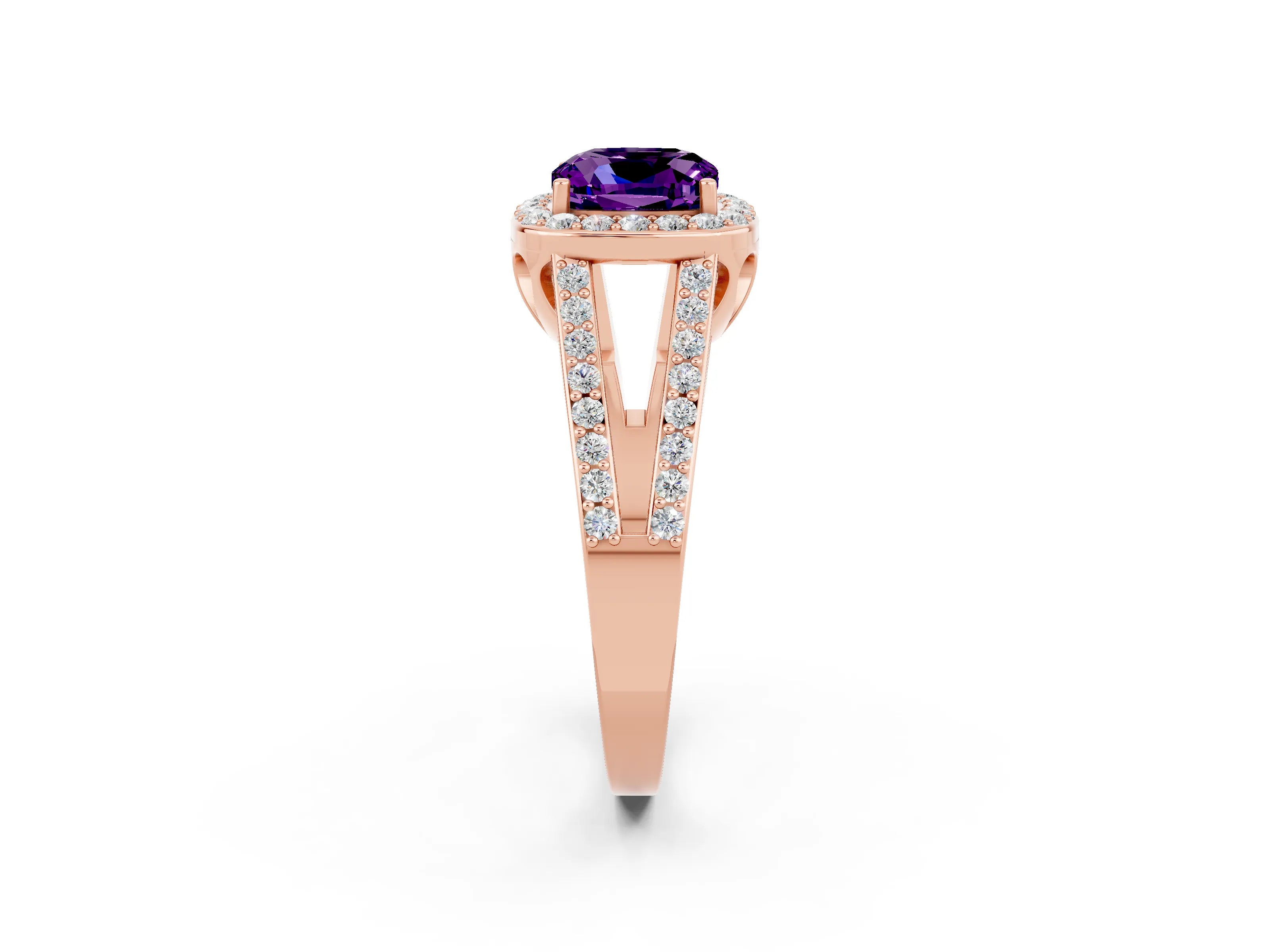 Rose gold Cushion Cut Amethyst Halo Ring with Split Shank U-Prong Band and Four-Prong Setting_2