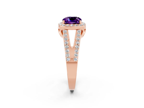Rose gold Cushion Cut Amethyst Halo Ring with Split Shank U-Prong Band and Four-Prong Setting