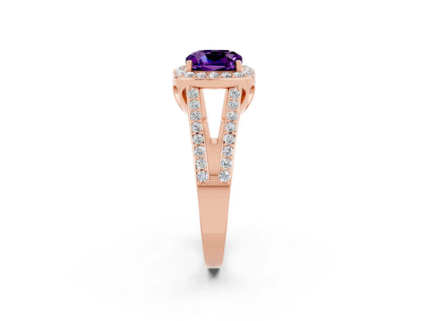 Rose gold Cushion Cut Amethyst Halo Ring with Split Shank U-Prong Band and Four-Prong Setting_2