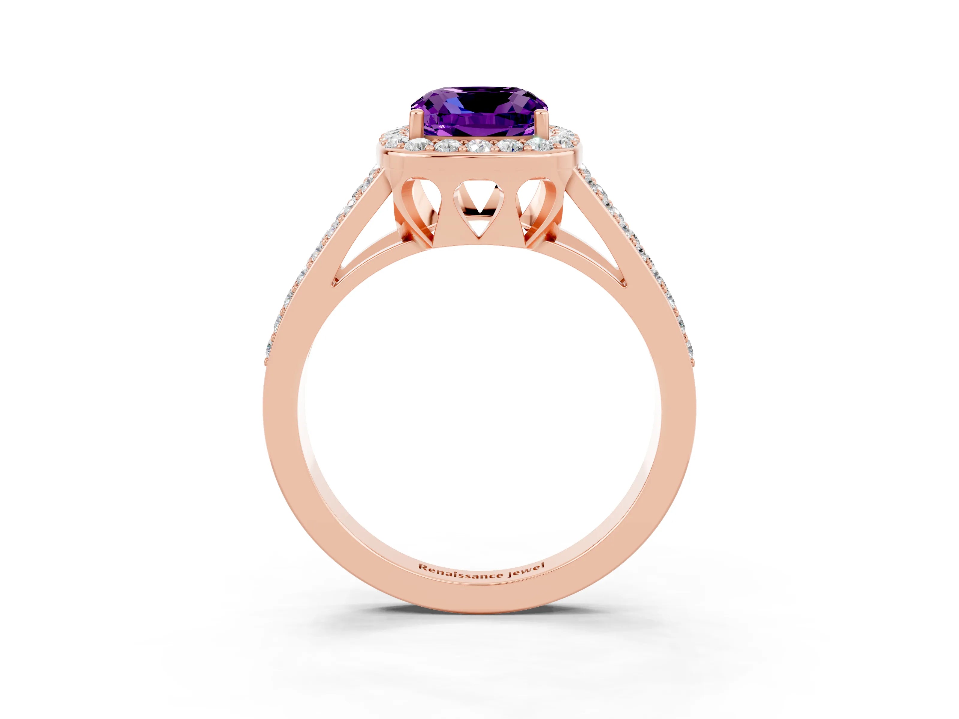 Rose gold Cushion Cut Amethyst Halo Ring with Split Shank U-Prong Band and Four-Prong Setting_3