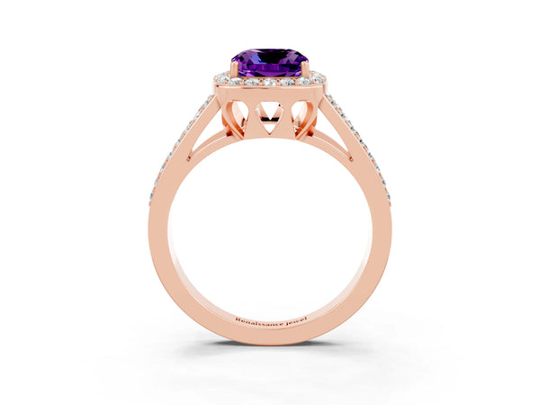Rose gold Cushion Cut Amethyst Halo Ring with Split Shank U-Prong Band and Four-Prong Setting