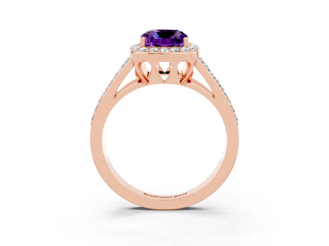 Rose gold Cushion Cut Amethyst Halo Ring with Split Shank U-Prong Band and Four-Prong Setting_3