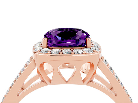 Rose gold Cushion Cut Amethyst Halo Ring with Split Shank U-Prong Band and Four-Prong Setting_4