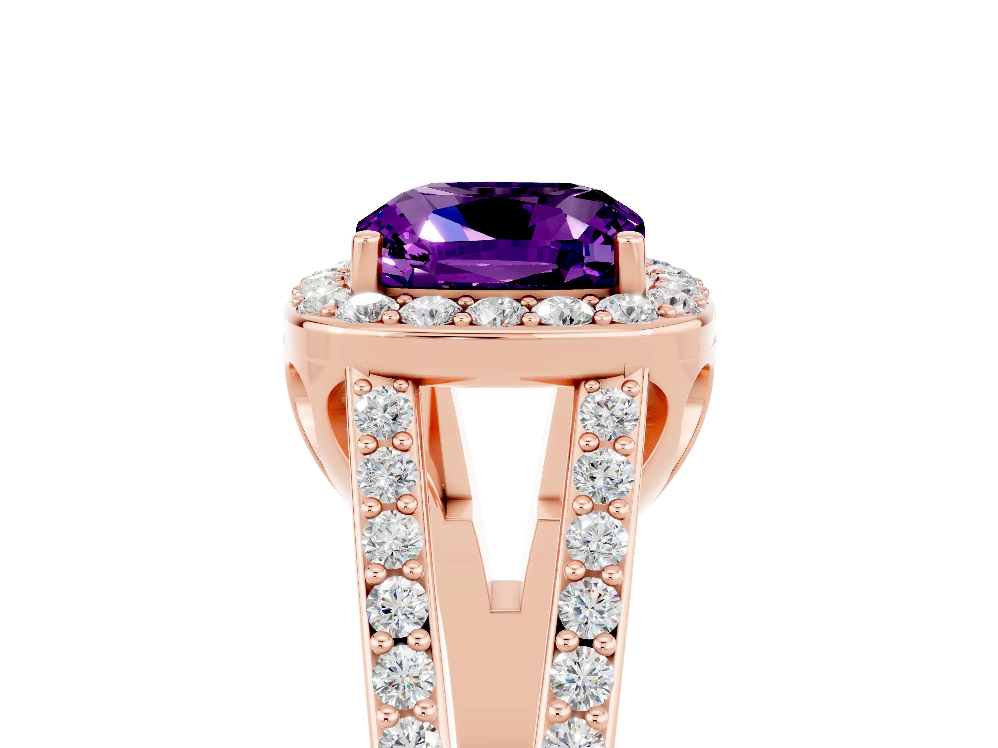 Rose gold Cushion Cut Amethyst Halo Ring with Split Shank U-Prong Band and Four-Prong Setting_5