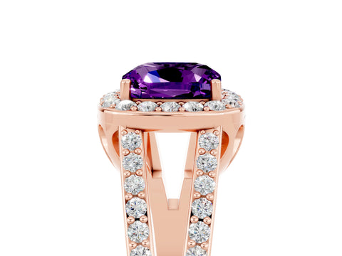 Rose gold Cushion Cut Amethyst Halo Ring with Split Shank U-Prong Band and Four-Prong Setting_5