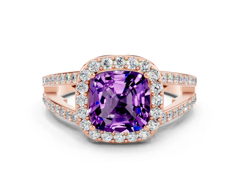 Rose gold Cushion Cut Amethyst Halo Ring with Split Shank U-Prong Band and Four-Prong Setting