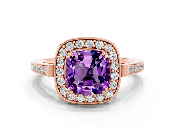 Rose gold Cushion Cut Amethyst Halo Ring with Split Shank and Four-Prong Setting