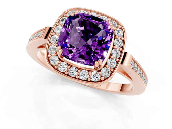 Rose gold Cushion Cut Amethyst Halo Ring with Split Shank and Four-Prong Setting