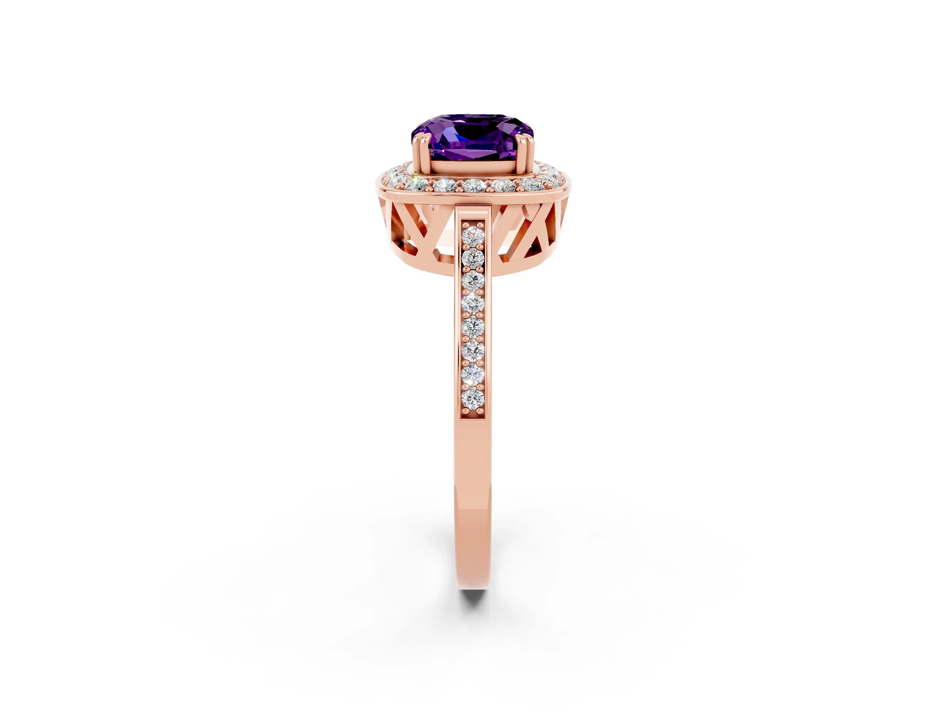 Rose gold Cushion Cut Amethyst Halo Ring with Split Shank and Four-Prong Setting_2