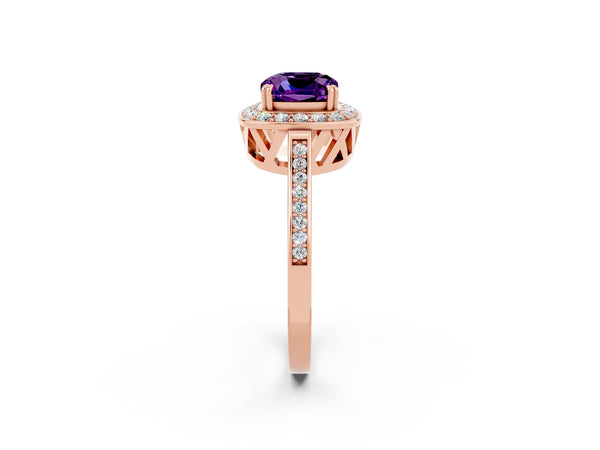 Rose gold Cushion Cut Amethyst Halo Ring with Split Shank and Four-Prong Setting
