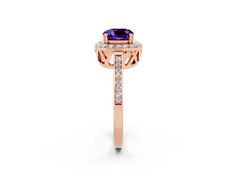 Rose gold Cushion Cut Amethyst Halo Ring with Split Shank and Four-Prong Setting_2