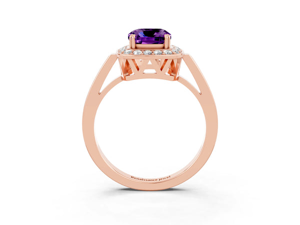 Rose gold Cushion Cut Amethyst Halo Ring with Split Shank and Four-Prong Setting