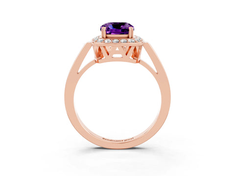 Rose gold Cushion Cut Amethyst Halo Ring with Split Shank and Four-Prong Setting_3