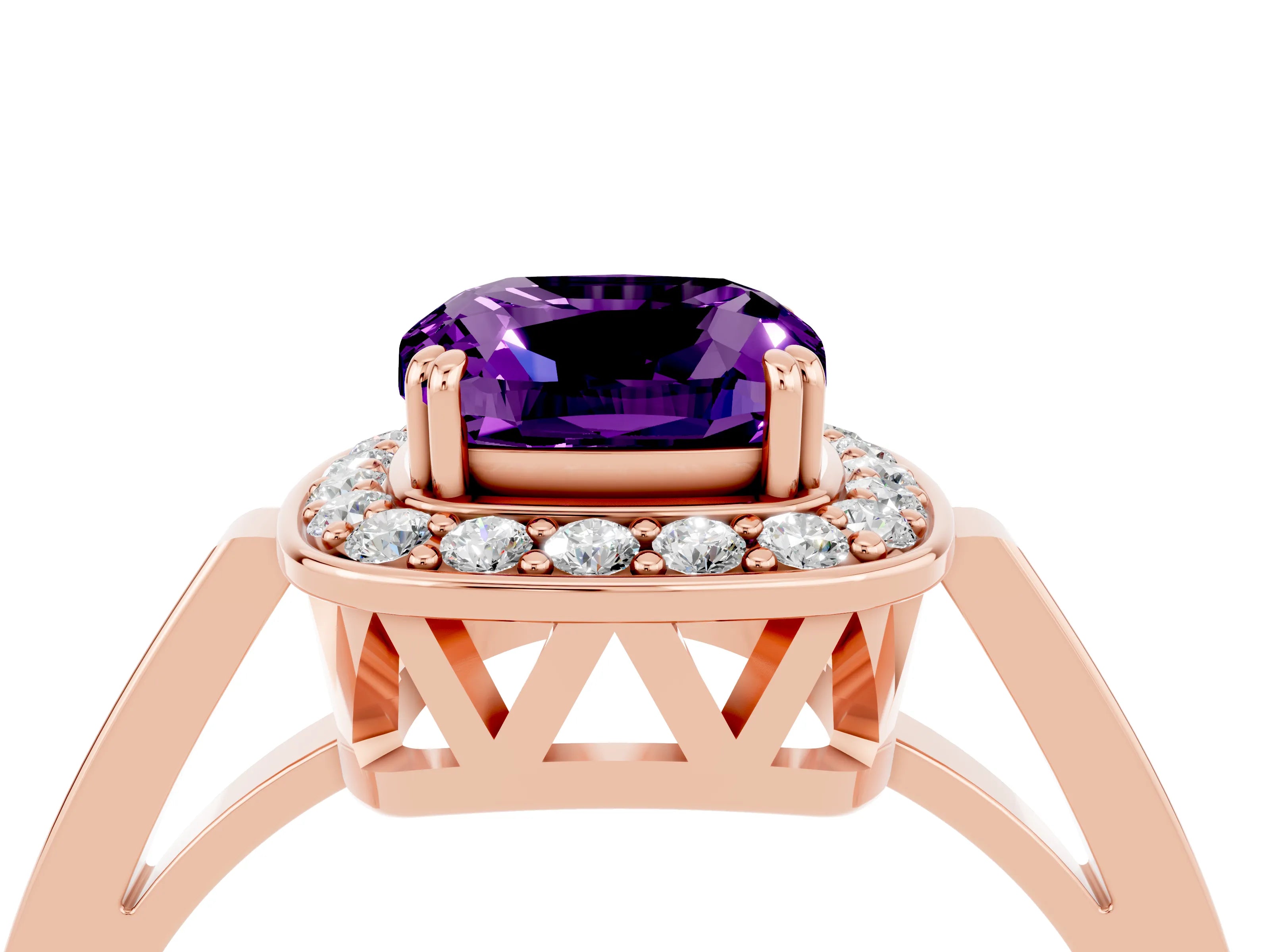Rose gold Cushion Cut Amethyst Halo Ring with Split Shank and Four-Prong Setting_4