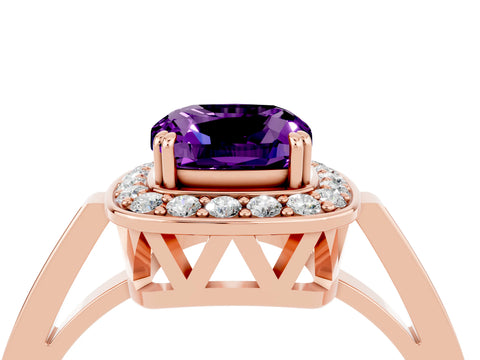Rose gold Cushion Cut Amethyst Halo Ring with Split Shank and Four-Prong Setting_4