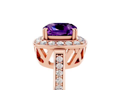 Rose gold Cushion Cut Amethyst Halo Ring with Split Shank and Four-Prong Setting_5