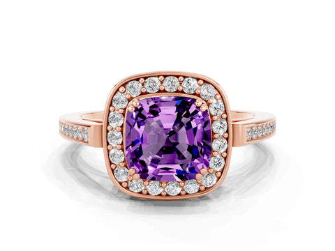Rose gold Cushion Cut Amethyst Halo Ring with Split Shank and Four-Prong Setting