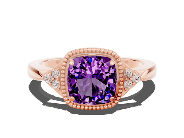 Rose gold Cushion Cut Amethyst Halo Ring with Tapered Band and Four-Prong Setting