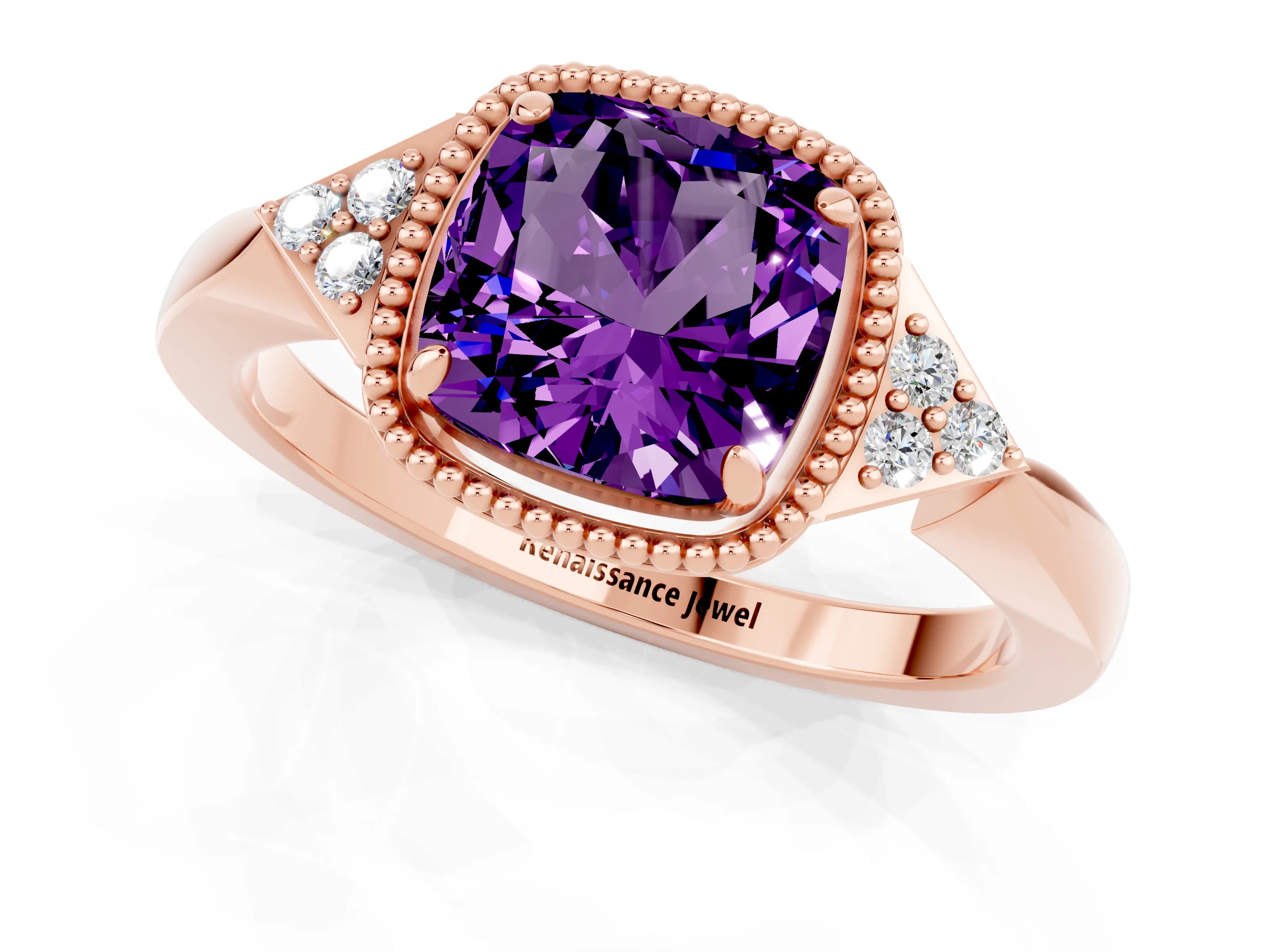 Rose gold Cushion Cut Amethyst Halo Ring with Tapered Band and Four-Prong Setting_1