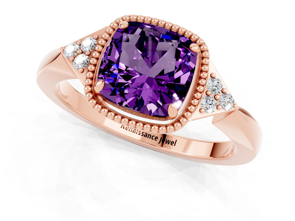 Rose gold Cushion Cut Amethyst Halo Ring with Tapered Band and Four-Prong Setting
