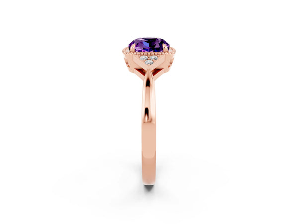 Rose gold Cushion Cut Amethyst Halo Ring with Tapered Band and Four-Prong Setting