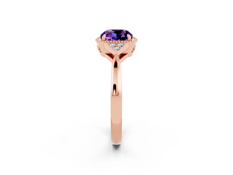 Rose gold Cushion Cut Amethyst Halo Ring with Tapered Band and Four-Prong Setting_2