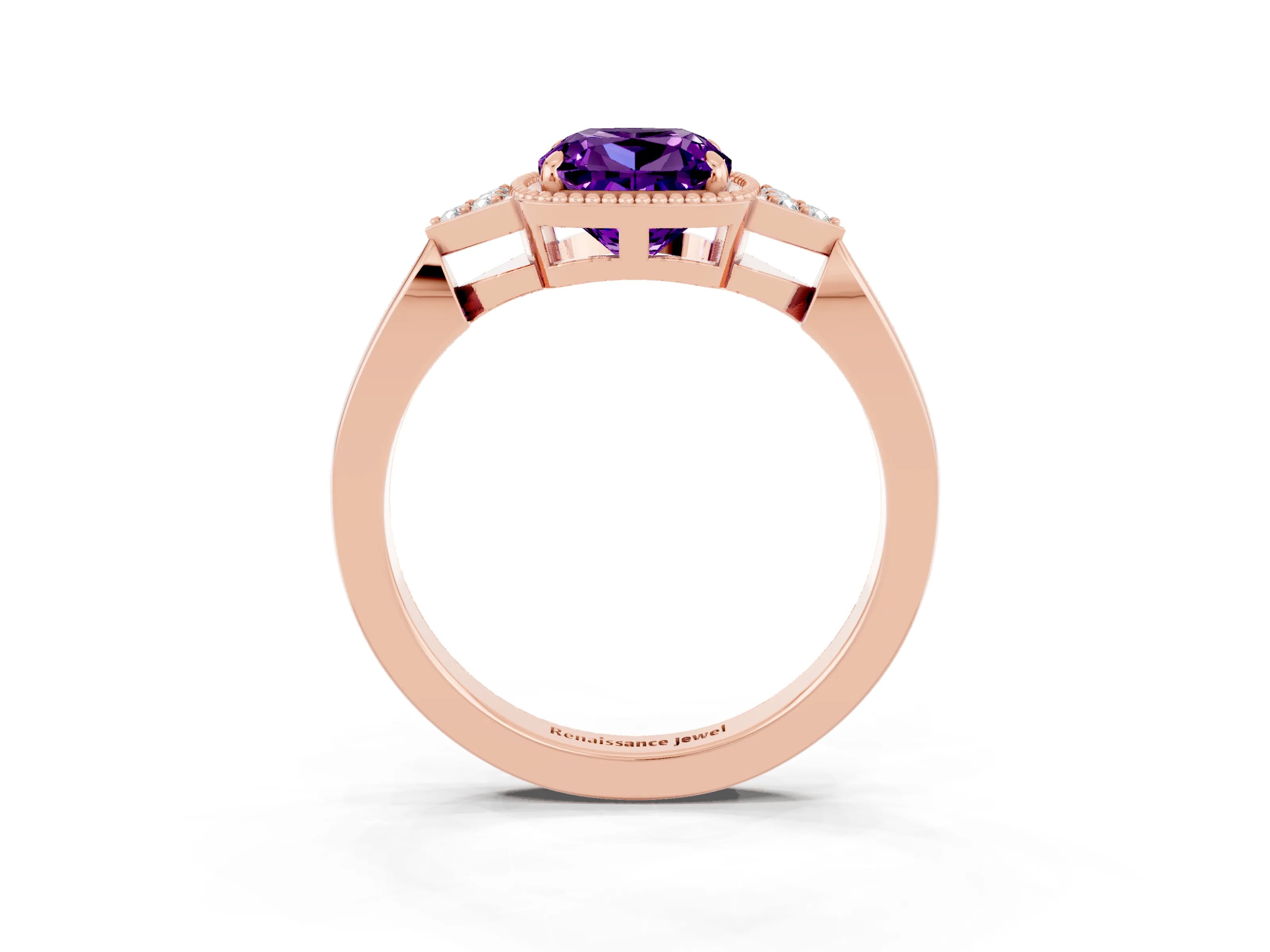 Rose gold Cushion Cut Amethyst Halo Ring with Tapered Band and Four-Prong Setting_3
