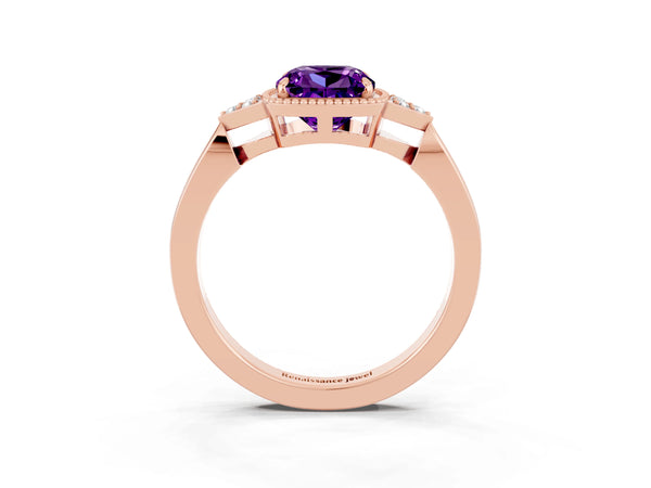 Rose gold Cushion Cut Amethyst Halo Ring with Tapered Band and Four-Prong Setting