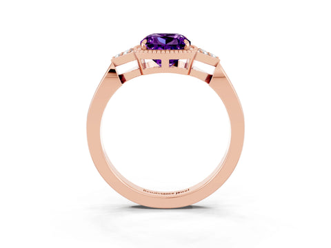 Rose gold Cushion Cut Amethyst Halo Ring with Tapered Band and Four-Prong Setting_3