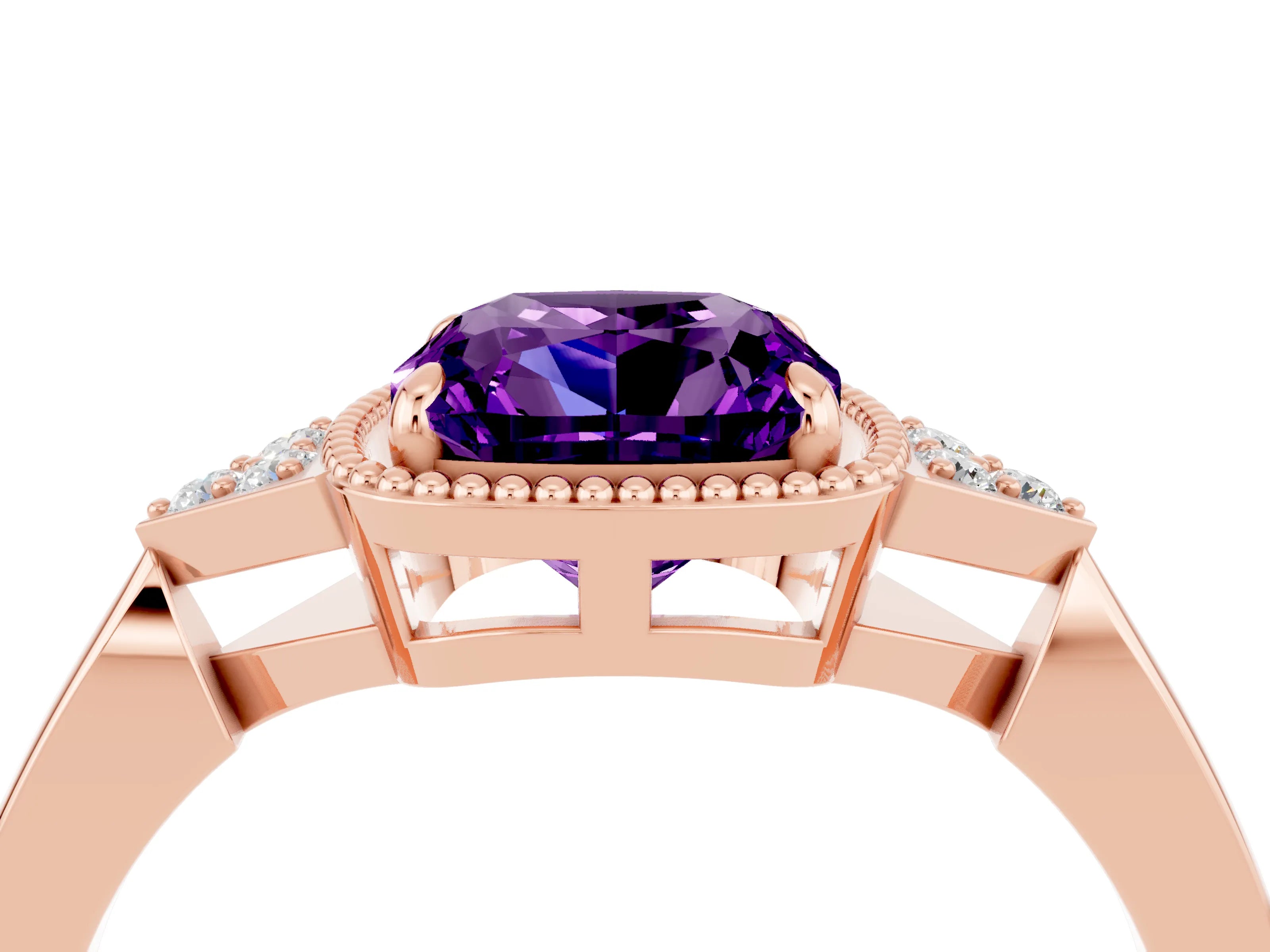 Rose gold Cushion Cut Amethyst Halo Ring with Tapered Band and Four-Prong Setting_4
