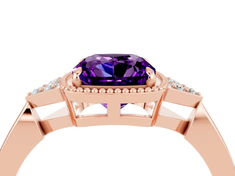 Rose gold Cushion Cut Amethyst Halo Ring with Tapered Band and Four-Prong Setting_4