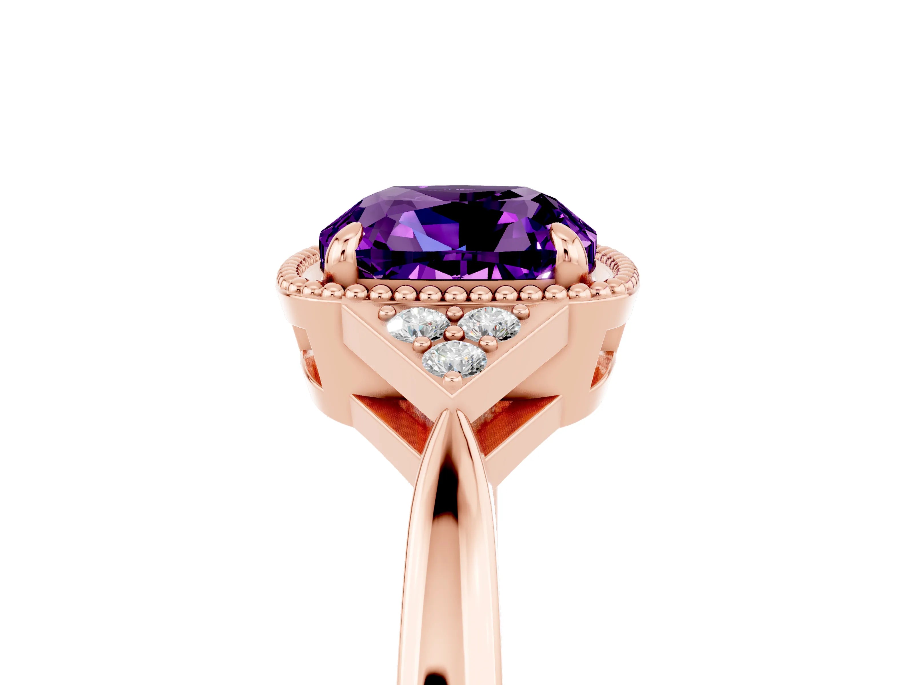 Rose gold Cushion Cut Amethyst Halo Ring with Tapered Band and Four-Prong Setting_5
