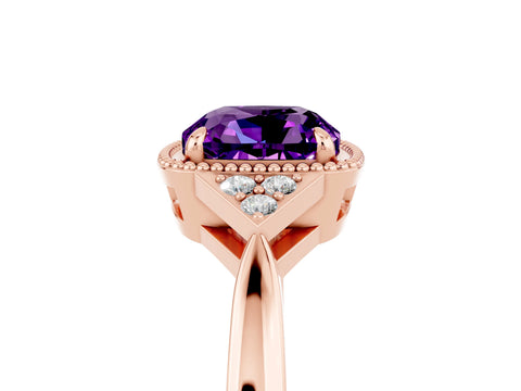 Rose gold Cushion Cut Amethyst Halo Ring with Tapered Band and Four-Prong Setting_5